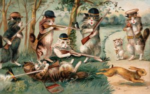 Gatti a fumetti a caccia di conigli (litografia a colori) da European School