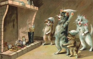 Gatti a fumetti in attesa dei loro regali di Natale (litografia a colori) da European School