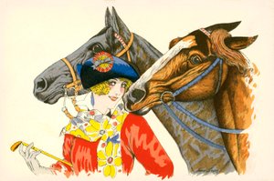Donna civettuola e colorata che indossa un berretto con una coccarda, con due cavalli (litografia a colori) da European School