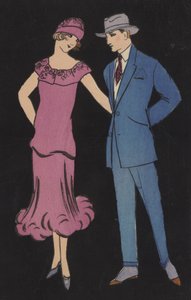 Coppia in abito alla moda (litografia a colori) da European School