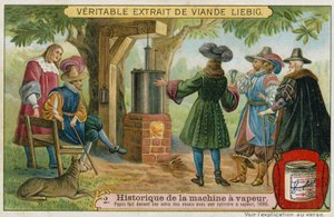 Denis Papin che conduce prove del suo motore a vapore a pistone davanti ai suoi amici, Marburgo, Germania, 1690 da European School