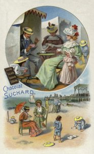 Gustando cioccolato Suchard in spiaggia