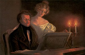 Franz Schubert al pianoforte (litografia a colori)