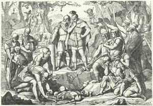 Germanico che seppellisce le ossa dei soldati delle tre legioni romane comandate da Publio Quintilio Varo distrutte dai Germani nella battaglia della Foresta di Teutoburgo nel 9 a.C. da European School