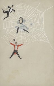 Ragazza che cattura uomini in una ragnatela (litografia a colori) da European School