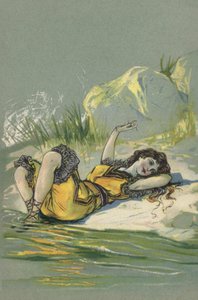 Ragazza sdraiata sulla spiaggia o sulla riva di un fiume (litografia a colori) da European School