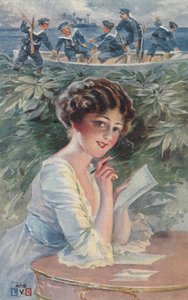 Ragazza che scrive a un marinaio (litografia a colori)