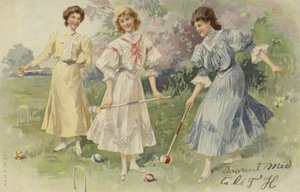 Ragazze che giocano a croquet (chromolitho) da European School