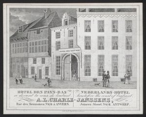 Hotel Des Pays Bas, Nederlands Hotel, A L Charle-Janssens, Anversa (incisione) da European School