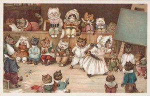 Cartolina umoristica con gatto (litografia a colori) da European School