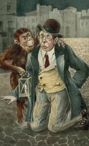 Uomo inginocchiato e scimpanzé (litografia a colori)