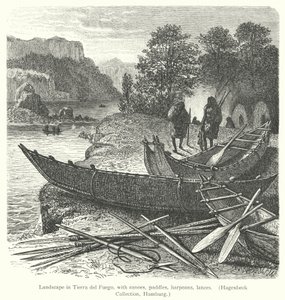 Paesaggio nella Terra del Fuoco, con canoe, pagaie, arpioni, lance da European School