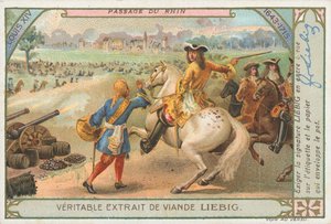 Luigi XIV che attraversa il Reno, carta Liebig, inizio XX secolo (cromo)
