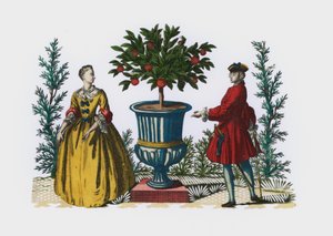 Uomo e donna in abiti del XVIII secolo in un giardino (incisione colorata)