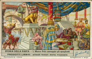 Marco Polo tasting spaghetti in China (chromolitho)