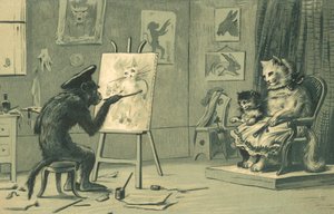 Scimmia che dipinge un ritratto di un gatto e un gattino da European School