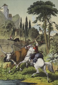 Pastore a cavallo in Italia che insegue un toro delle steppe in un paesaggio con castagno selvatico, pino cluster e pioppo italiano (litografia a colori) da European School