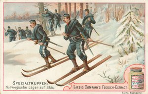 Norvegia, soldati sugli sci, carta Liebig, inizio XX secolo (cromo)