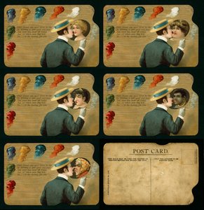 Cartolina pubblicitaria che mostra un uomo che bacia cinque ragazze diverse (litografia a colori) da European School