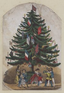 Persone sotto un albero di Natale, cartolina di auguri
