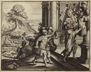 I Filistei mettono la testa di Saul nel tempio del loro dio Dagon (incisione) da European School