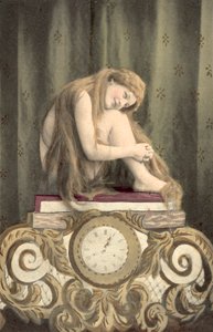 Ritratto di ragazza seduta sopra un orologio (litografia a colori) da European School