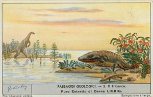 Mondo preistorico, carta Liebig, inizio XX secolo (cromo) da European School