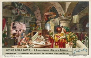 Preparazione dei maccheroni nelle cucine della corte estense, Italia (cromolitografia)