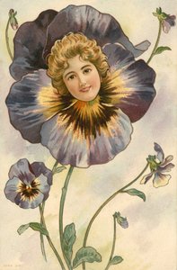 Volto di ragazza che emerge da una viola del pensiero (litografia a colori) da European School