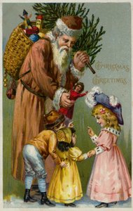 Babbo Natale che consegna regali e un albero di Natale ai bambini (litografia a colori)