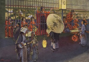 Scena nel quartiere Yoshiwara di Tokyo, Giappone (litografia a colori) da European School