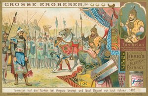 Tamburlaine conquista Bajazeth, carta Liebig, inizio XX secolo (cromo) da European School