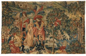 Arazzo raffigurante scena pastorale con raccolta di frutta, o Il signore nel suo parco o Alleanza rurale e raccolta di frutta, c.1500 da European School