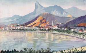 La parte di Botafogo del viale della Baia di Rio, sovrastata dal monte Corcovado (litografia a colori) da European School