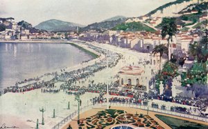 Praia da Lapa e Praca da Gloria, scorcio della parata militare del 15 novembre, anniversario della fondazione della Repubblica del Brasile (litografia a colori) da European School