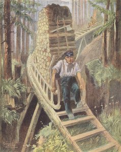 Trasporto di tronchi su una slitta nei Vosgi (litografia a colori)