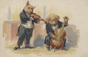 Due maiali che suonano strumenti musicali (litografia a colori)