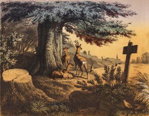 Sotto il faggio ombroso ci sono lo scoiattolo, il capriolo, le cerve e il cerbiatto da European School