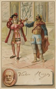 Victor Hugo, autore francese, e una scena dalla sua opera Hernani (1830) da European School