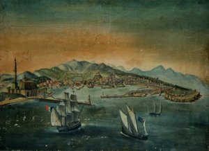 Veduta di un porto con un faro su un promontorio, c.1800 da European School