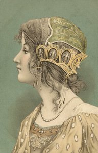Donna con cappellino (litografia a colori) da European School