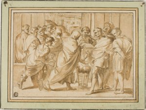 Scena dalla storia romana, con figura drappeggiata che presenta un libro al sovrano