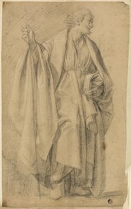 Figura maschile drappeggiata in piedi, con bastone da Eustache Le Sueur