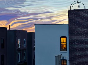Edifici di appartamenti e finestre luminose con cielo e nuvole al crepuscolo in un crepuscolo estivo (arte digitale). da Evan Sklar