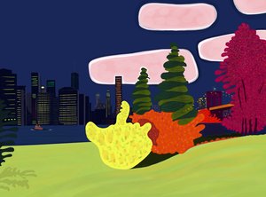 Parco del Ponte di Brooklyn e vista su Lower Manhattan (arte digitale) da Evan Sklar