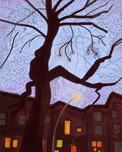 Brooklyn Brownstone Street At Dusk, 2016 (disegnato a mano su un iPad con una matita Apple) da Evan Sklar
