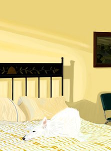 Cane che riposa sul letto, c.2020-24 (arte digitale) da Evan Sklar