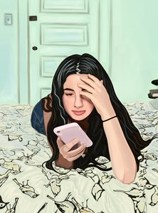 Ragazza sul letto che guarda lo smartphone (arte digitale) da Evan Sklar
