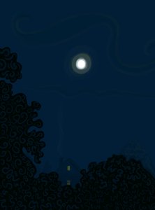 Casa con timpano e luna di notte ombre di alberi (arte digitale) da Evan Sklar