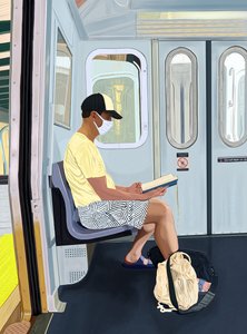 Uomo in pantaloncini spogliato che legge un libro in metropolitana, 2020-24 circa (arte digitale) da Evan Sklar